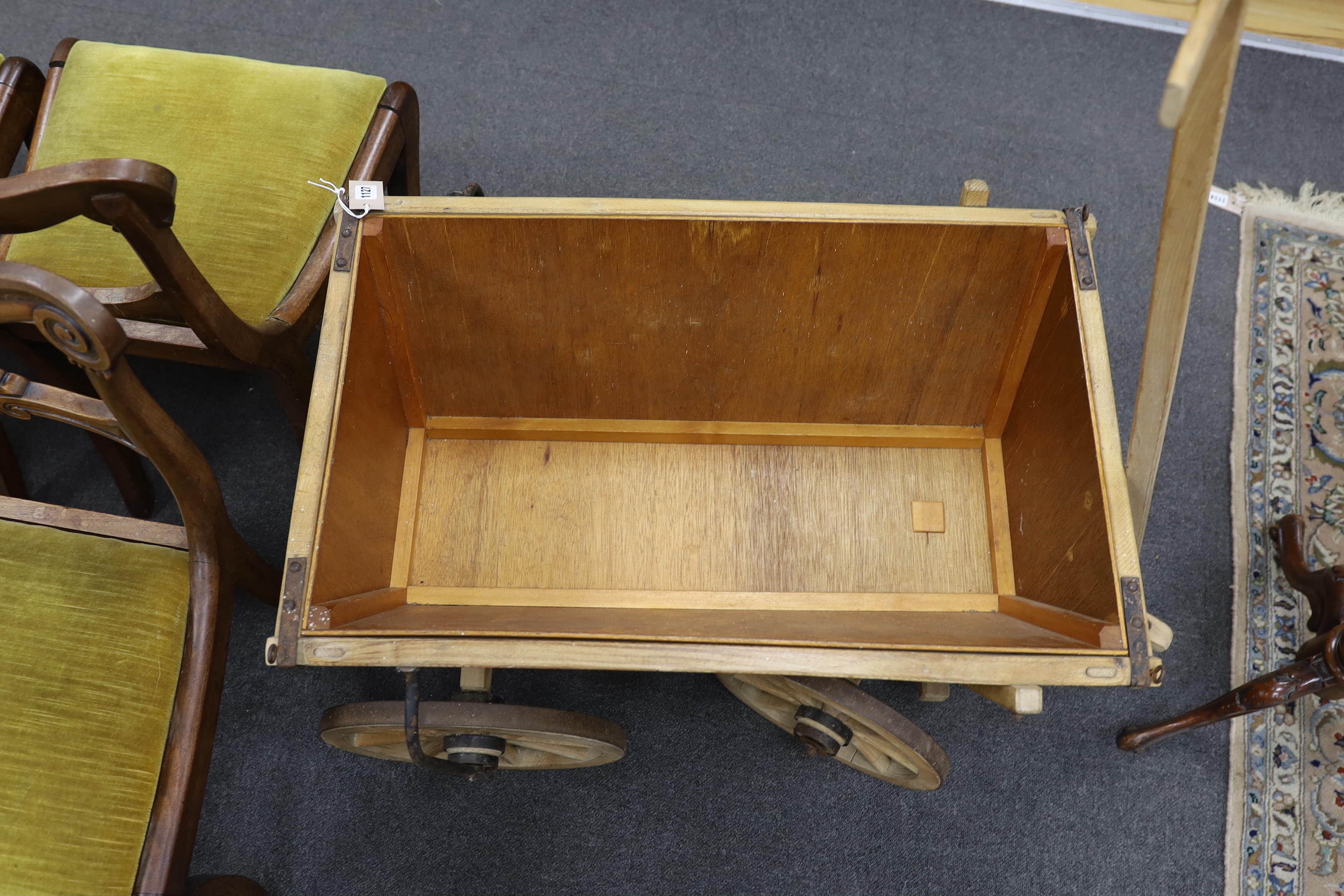 A vintage oak dog cart with later liner, length 78cm, depth 55cm, height 55cm